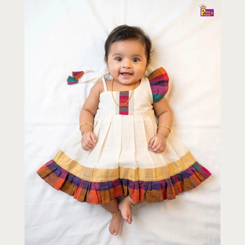 Newborn Baby Girl Kerala Kasavu with Madras Checks Cotton Frock - Shoulder Ruffle Naming Dress LF2073